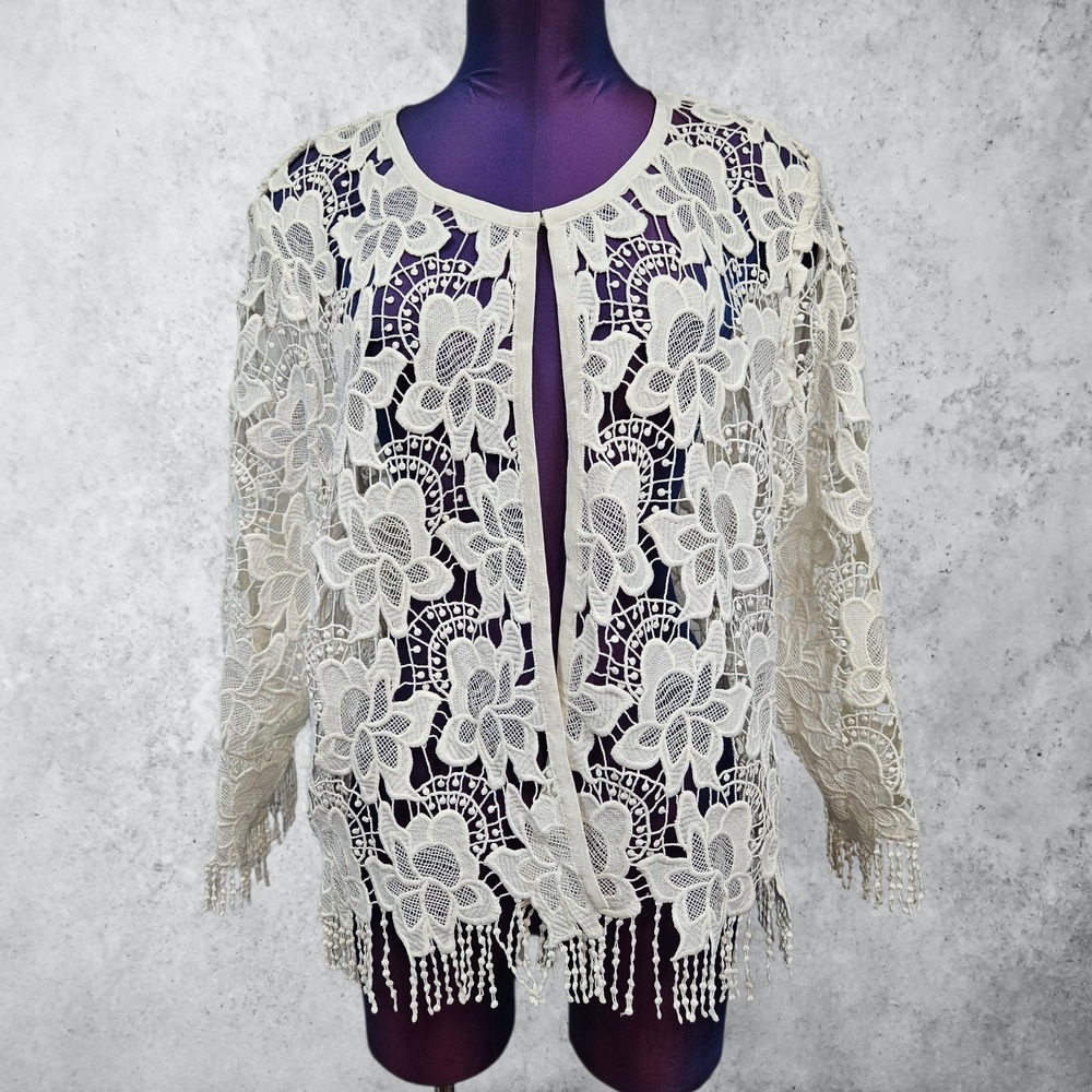 White Floral Lace Fringe 3/4 Sleeve Sheer Lace Cardigan Topper Womens 2X Q49
